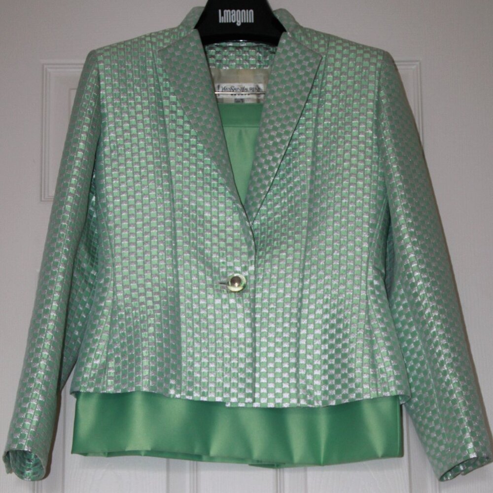 Yves Saint Laurent Jacket Skirt Suit Lime Green Satin Silver France VTG Size 8